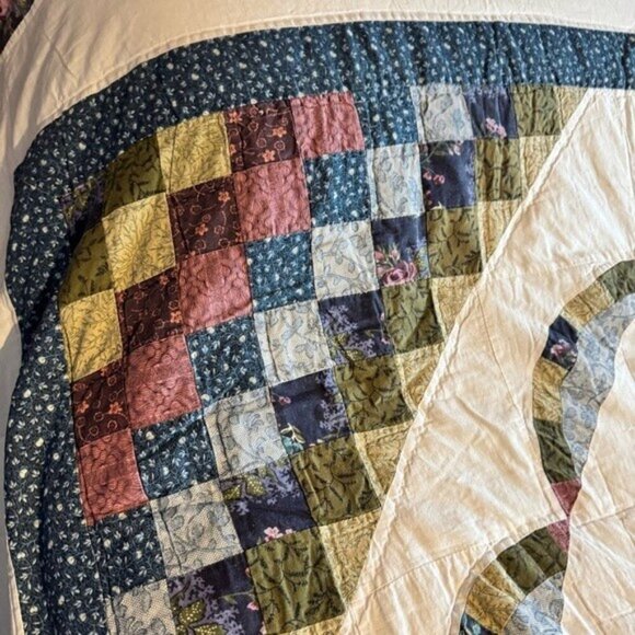 Vintage Lonestar Quilt Blue Yellow Green Patchwork Scalloped Edge - Picture 6 of 10